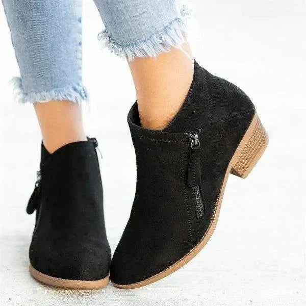 Women's Block Heel Ankle Boots – Side Zip Suede-Look Pointed Booties