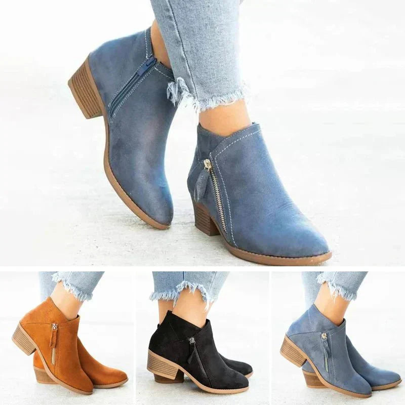 Women's Block Heel Ankle Boots – Side Zip Suede-Look Pointed Booties