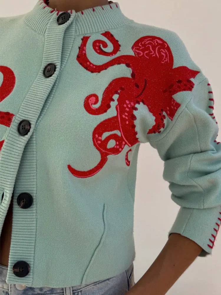 Women's Octopus Print Knit Cardigan – Button-Front Crew Neck Sweater