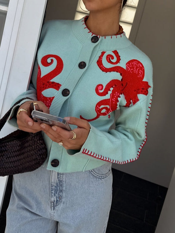 Women's Octopus Print Knit Cardigan – Button-Front Crew Neck Sweater