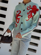 Women's Octopus Print Knit Cardigan – Button-Front Crew Neck Sweater