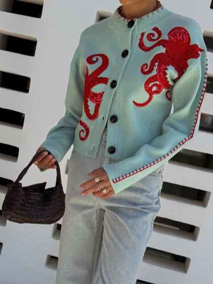 Women's Octopus Print Knit Cardigan – Button-Front Crew Neck Sweater