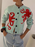 Women's Octopus Print Knit Cardigan – Button-Front Crew Neck Sweater