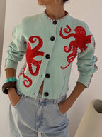 Women's Octopus Print Knit Cardigan – Button-Front Crew Neck Sweater