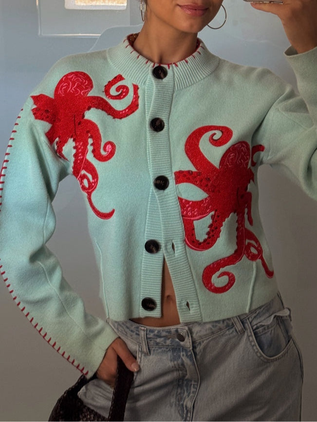 Women's Octopus Print Knit Cardigan – Button-Front Crew Neck Sweater