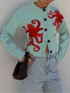 Women's Octopus Print Knit Cardigan – Button-Front Crew Neck Sweater