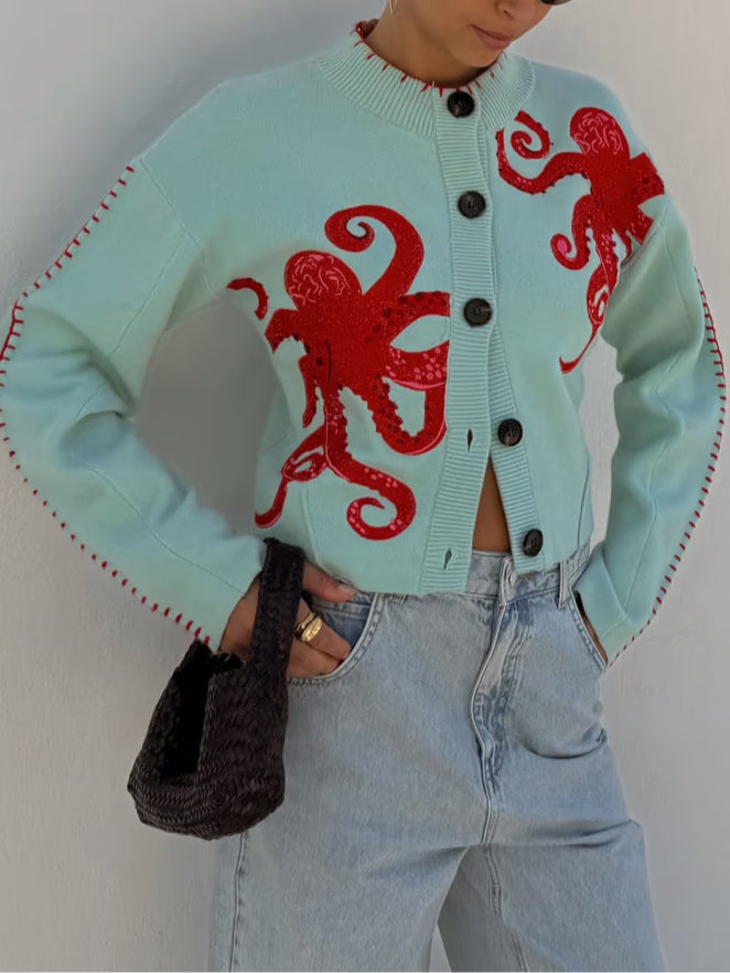 Women's Octopus Print Knit Cardigan – Button-Front Crew Neck Sweater