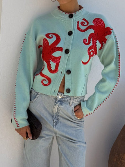 Women's Octopus Print Knit Cardigan – Button-Front Crew Neck Sweater