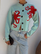 Women's Octopus Print Knit Cardigan – Button-Front Crew Neck Sweater