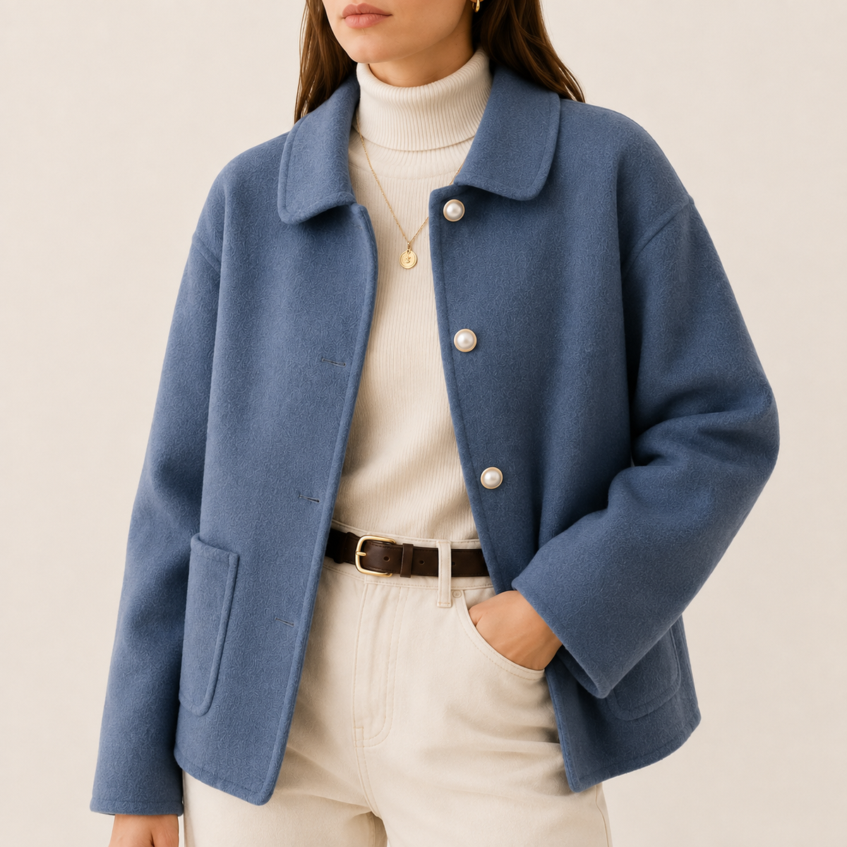 Women's Cropped Button-Front Coat – Rounded Collar Single-Breasted Jacket