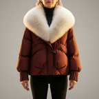 Women's Glossy Puffer Jacket with Faux Fur Collar – Oversized Drawstring Winter Coat