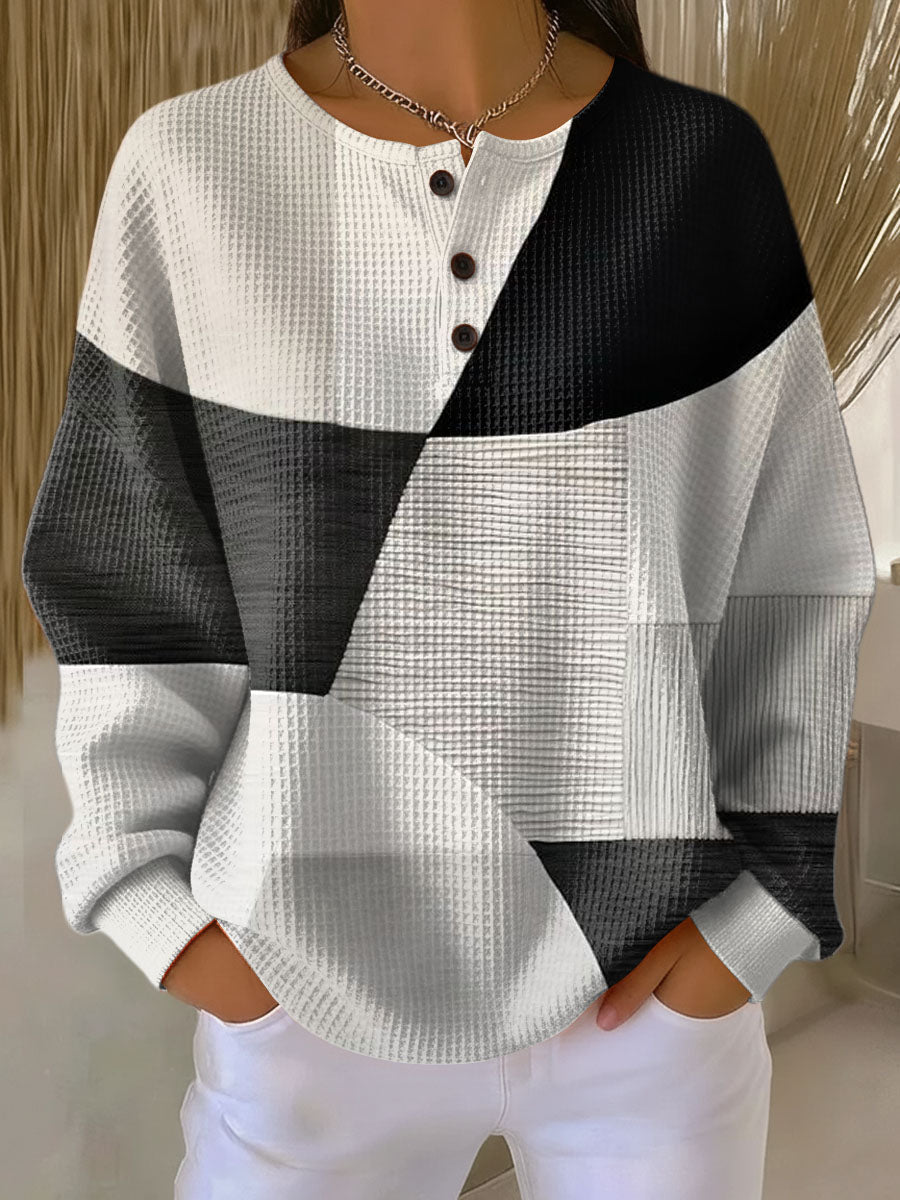 Women's Fleece-Lined Waffle Knit Sweater – Thick Warm Printed Pullover