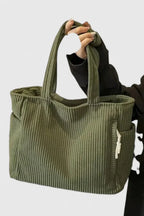 Women's Corduroy Tote Bag - Ribbed Shoulder Handbag with Zip Closure & Pockets