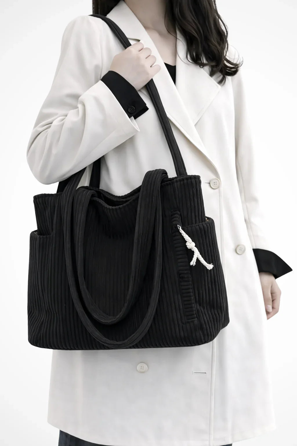 Women's Corduroy Tote Bag - Ribbed Shoulder Handbag with Zip Closure & Pockets