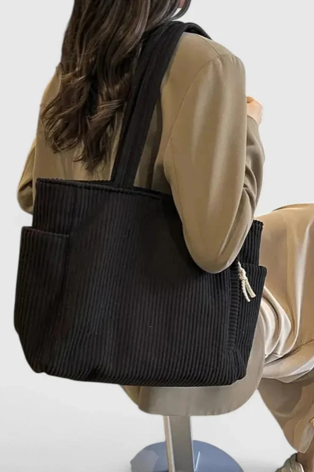 Women's Corduroy Tote Bag - Ribbed Shoulder Handbag with Zip Closure & Pockets