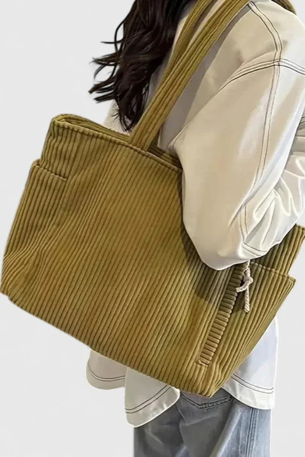 Women's Corduroy Tote Bag - Ribbed Shoulder Handbag with Zip Closure & Pockets