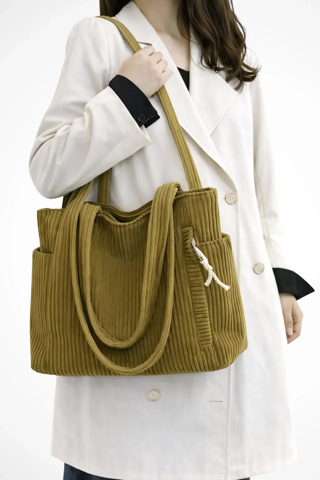 Women's Corduroy Tote Bag - Ribbed Shoulder Handbag with Zip Closure & Pockets