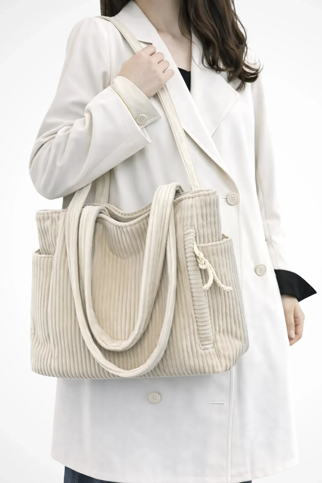 Women's Corduroy Tote Bag - Ribbed Shoulder Handbag with Zip Closure & Pockets
