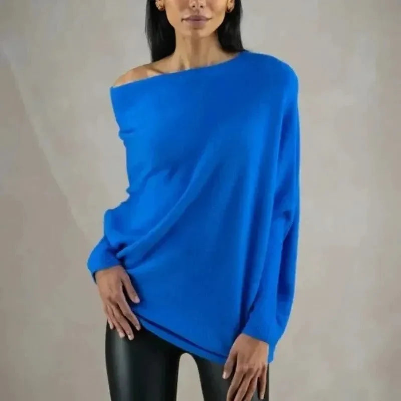 Women's Asymmetric Knit Sweater – Relaxed One-Size Long Sleeve Pullover