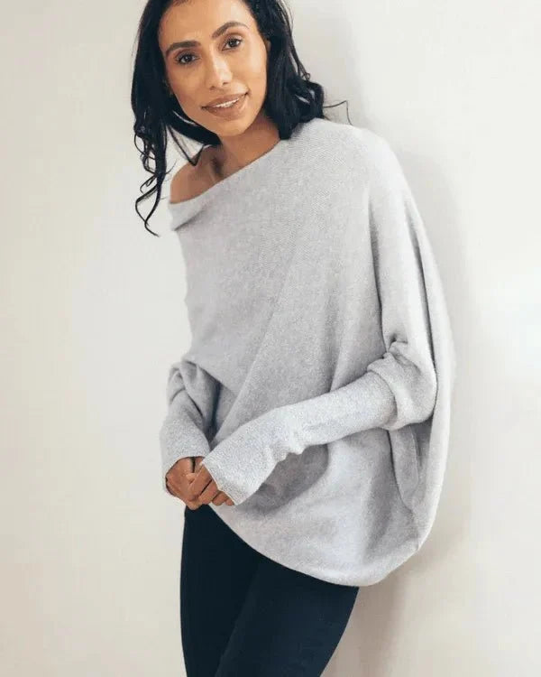 Women's Asymmetric Knit Sweater – Relaxed One-Size Long Sleeve Pullover