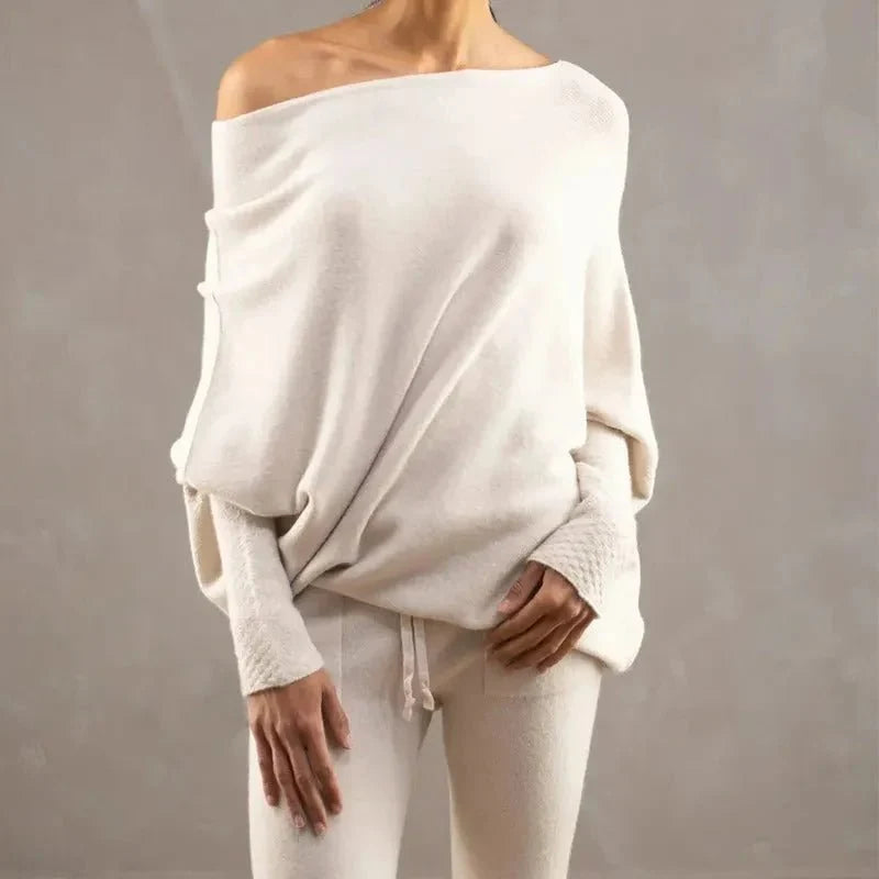 Women's Asymmetric Knit Sweater – Relaxed One-Size Long Sleeve Pullover