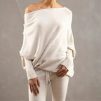 Women's Asymmetric Knit Sweater – Relaxed One-Size Long Sleeve Pullover