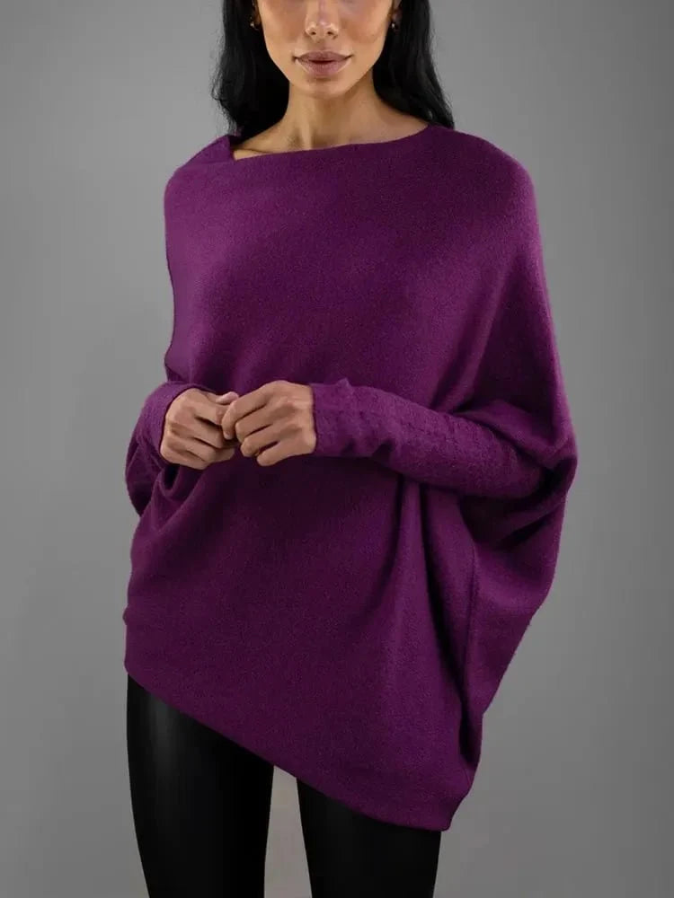 Women's Asymmetric Knit Sweater – Relaxed One-Size Long Sleeve Pullover
