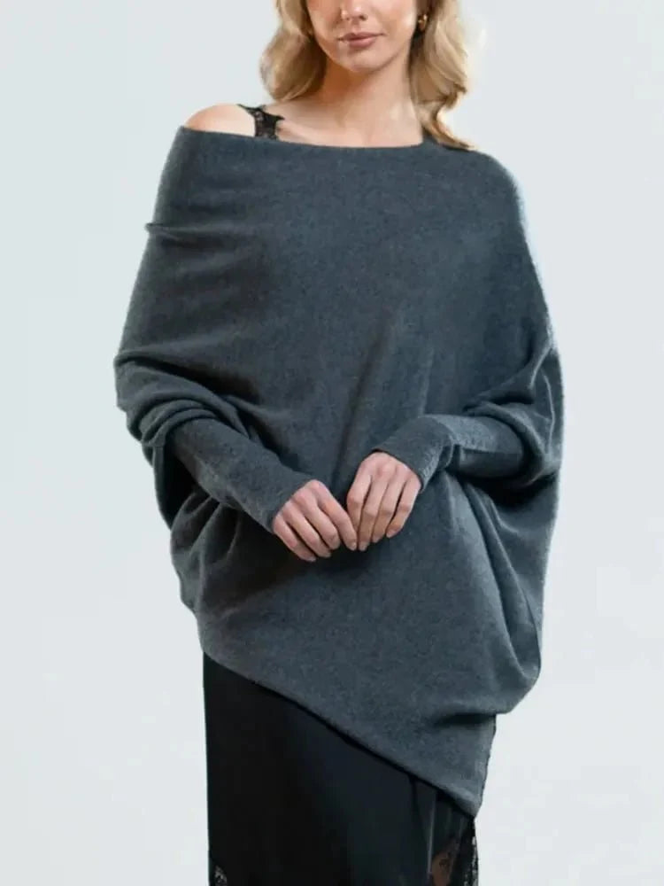 Women's Asymmetric Knit Sweater – Relaxed One-Size Long Sleeve Pullover