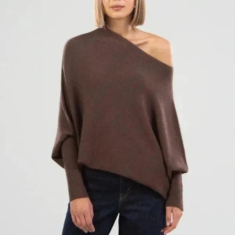 Women's Asymmetric Knit Sweater – Relaxed One-Size Long Sleeve Pullover