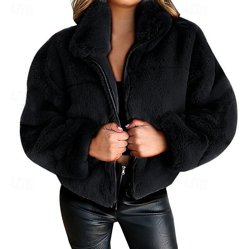 Women's Zip-Up Cropped Teddy Jacket - Plush Fleece Stand Collar Outerwear