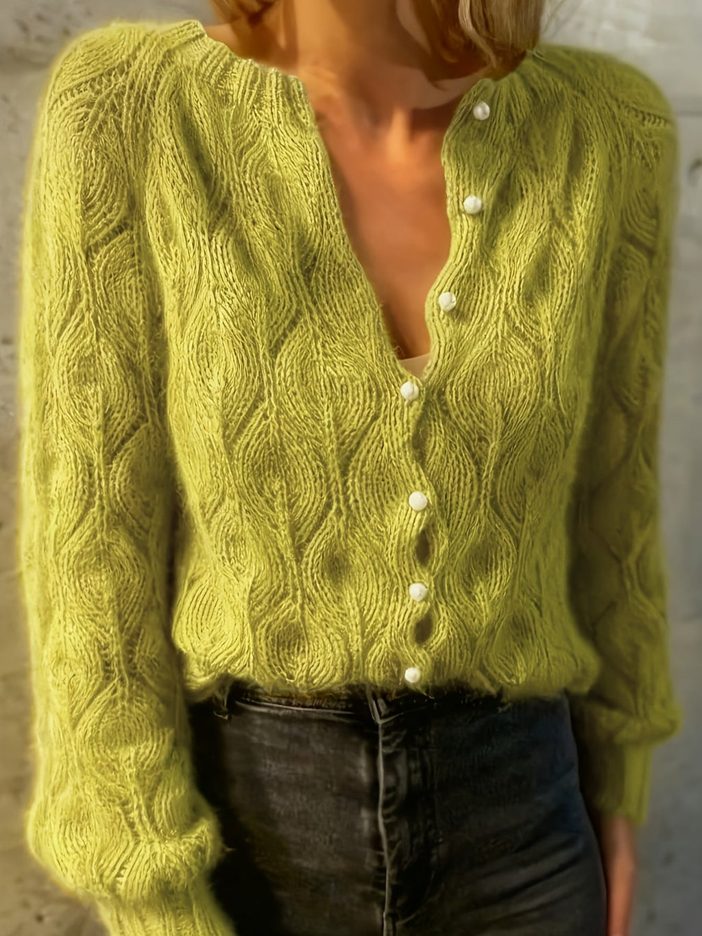 Women's Faux Mink Knit Cardigan – Pearl Button V-Neck Puff Shoulder Sweater