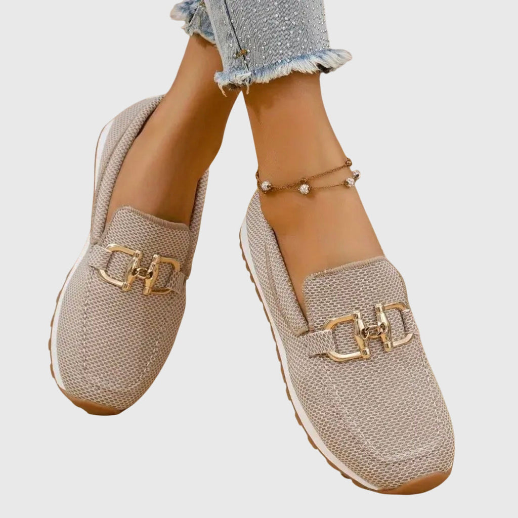 Women's Knit Mesh Loafer Sneakers – Slip-On Shoes with Gold-Tone Bit Buckle