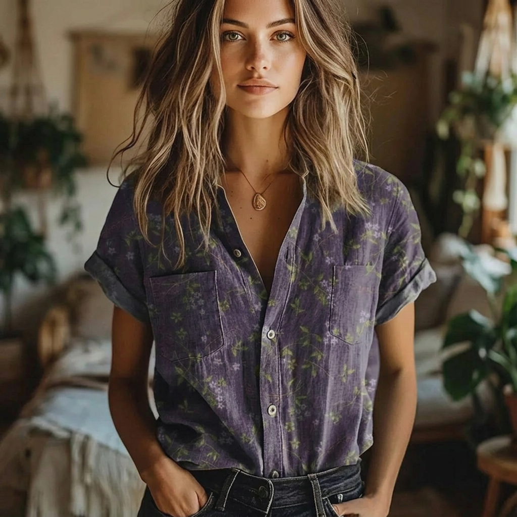 Women's Floral Print Lapel Blouse – Short Sleeve Button Front Top