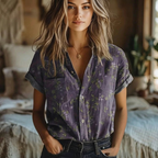 Women's Floral Print Lapel Blouse – Short Sleeve Button Front Top
