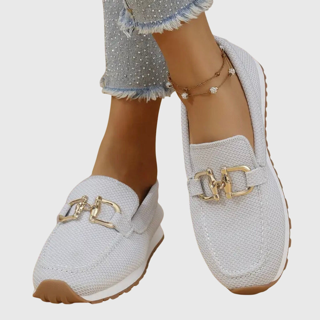 Women's Knit Mesh Loafer Sneakers – Slip-On Shoes with Gold-Tone Bit Buckle
