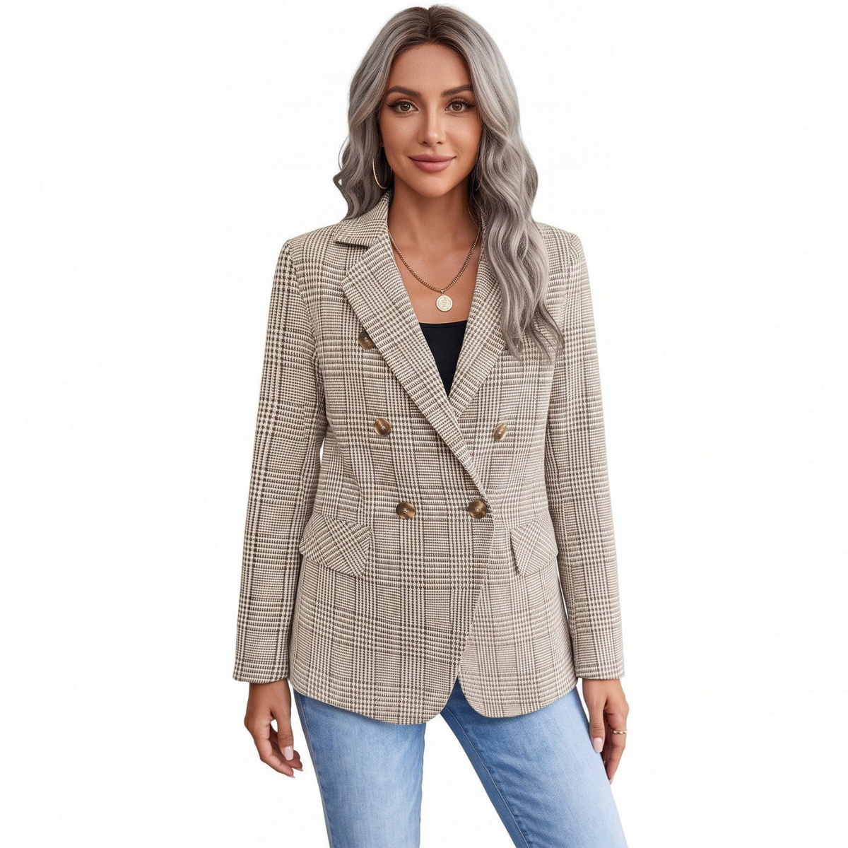 Women's Plaid Blazer – Houndstooth Business Casual Jacket for Fall