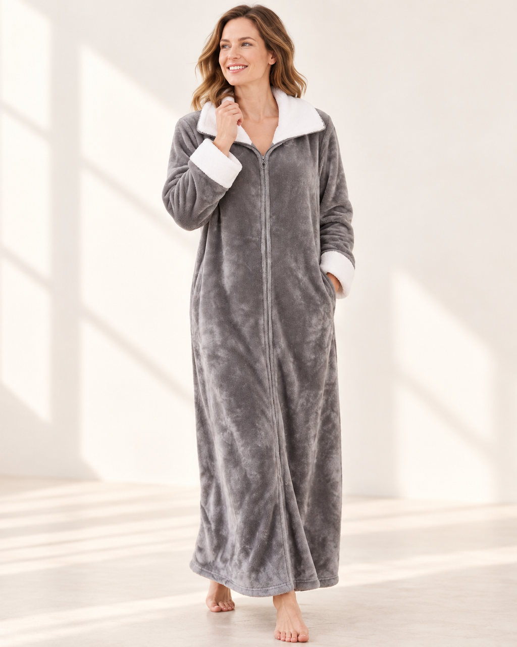 Gwen | Women Long Zip Front Flannel Fleece Robe