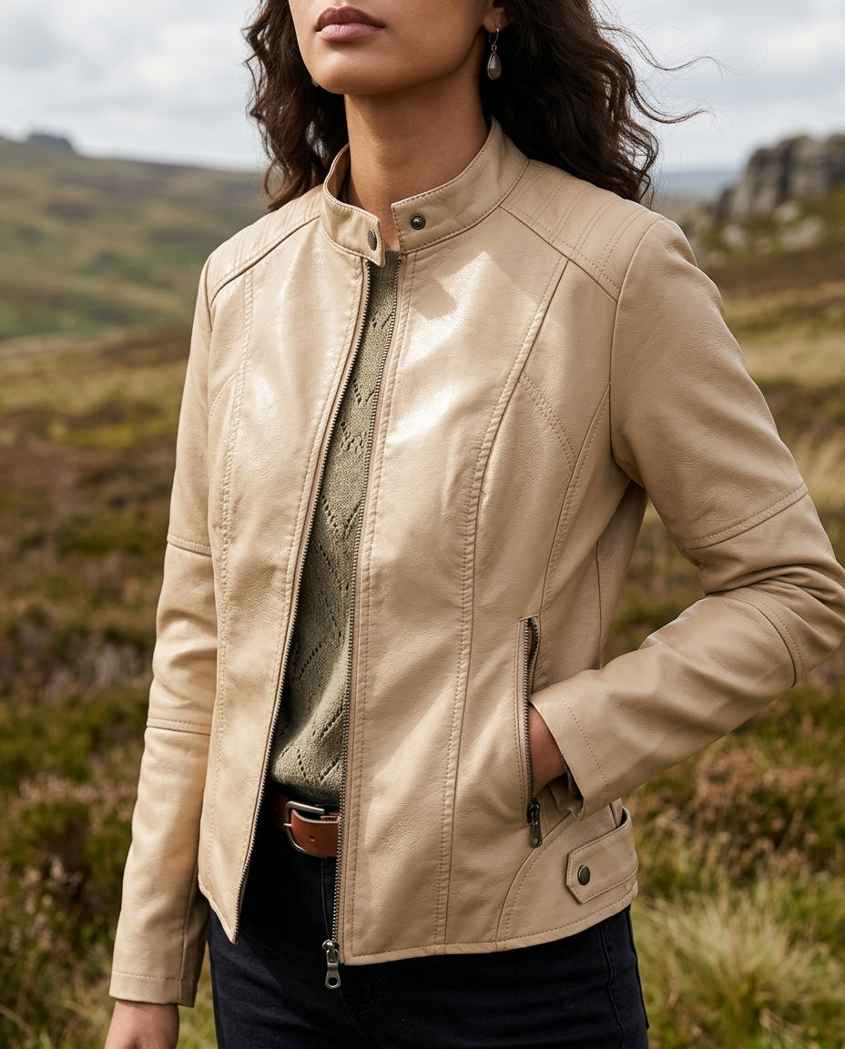 Women's Cropped Faux Leather Jacket – Mock Neck Structured Zip Jacket