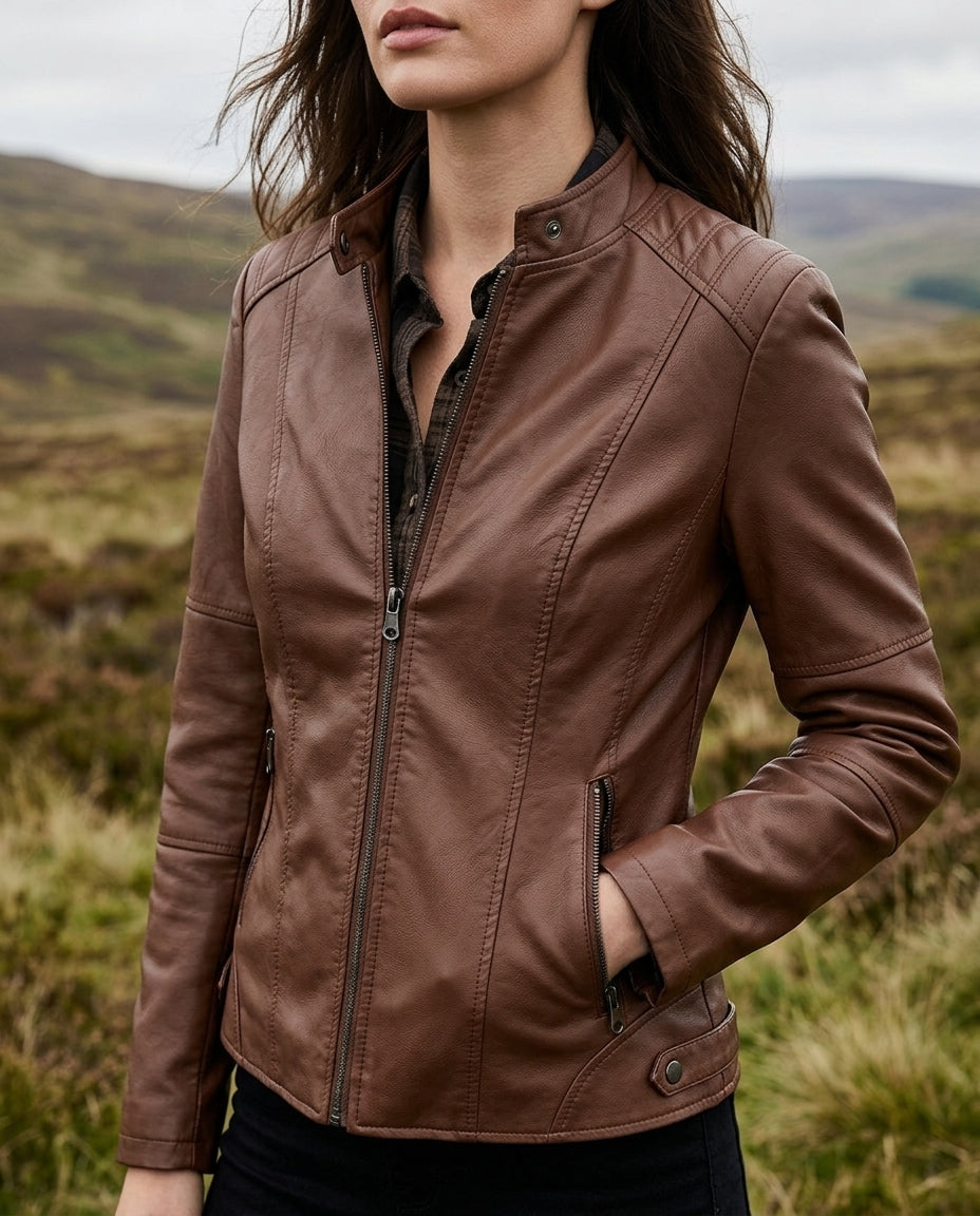 Women's Cropped Faux Leather Jacket – Mock Neck Structured Zip Jacket