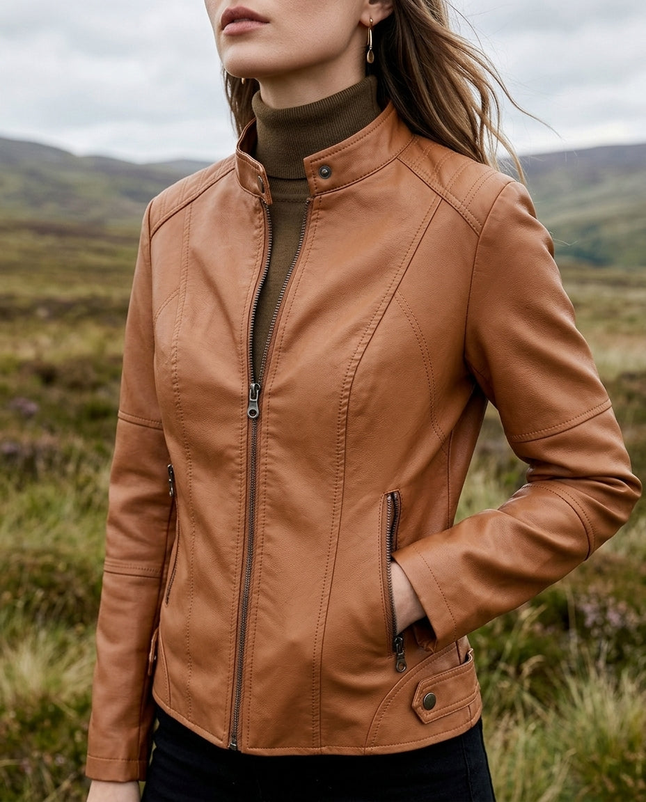 Women's Cropped Faux Leather Jacket – Mock Neck Structured Zip Jacket