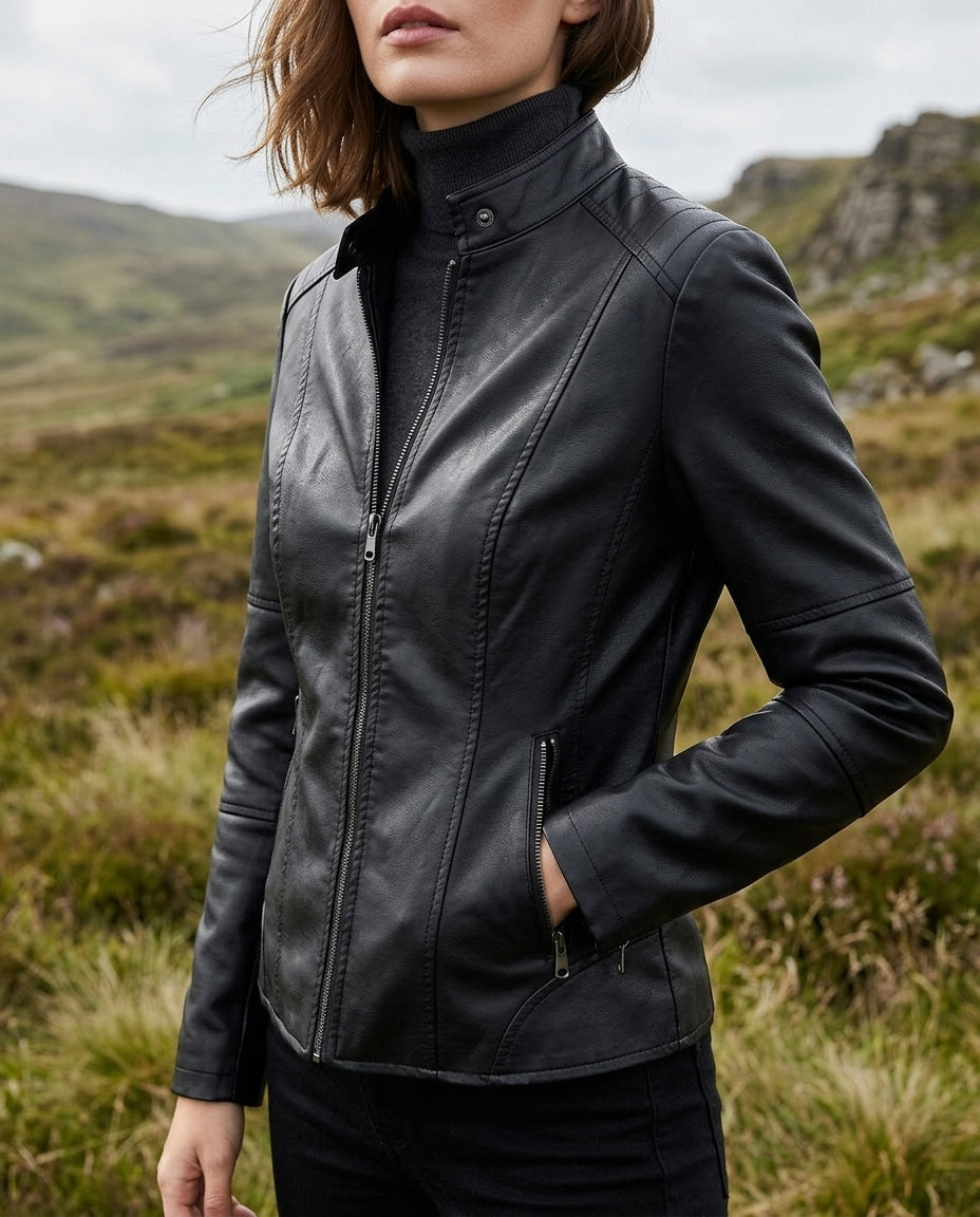 Women's Cropped Faux Leather Jacket – Mock Neck Structured Zip Jacket