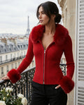 Women's Faux Fur Collar Zip Cardigan – Ribbed Knit Fitted Sweater Jacket