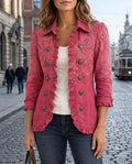 Women's Paisley Ruffle Trim Jacket – Double-Button Fitted Woven Jacket in Rose