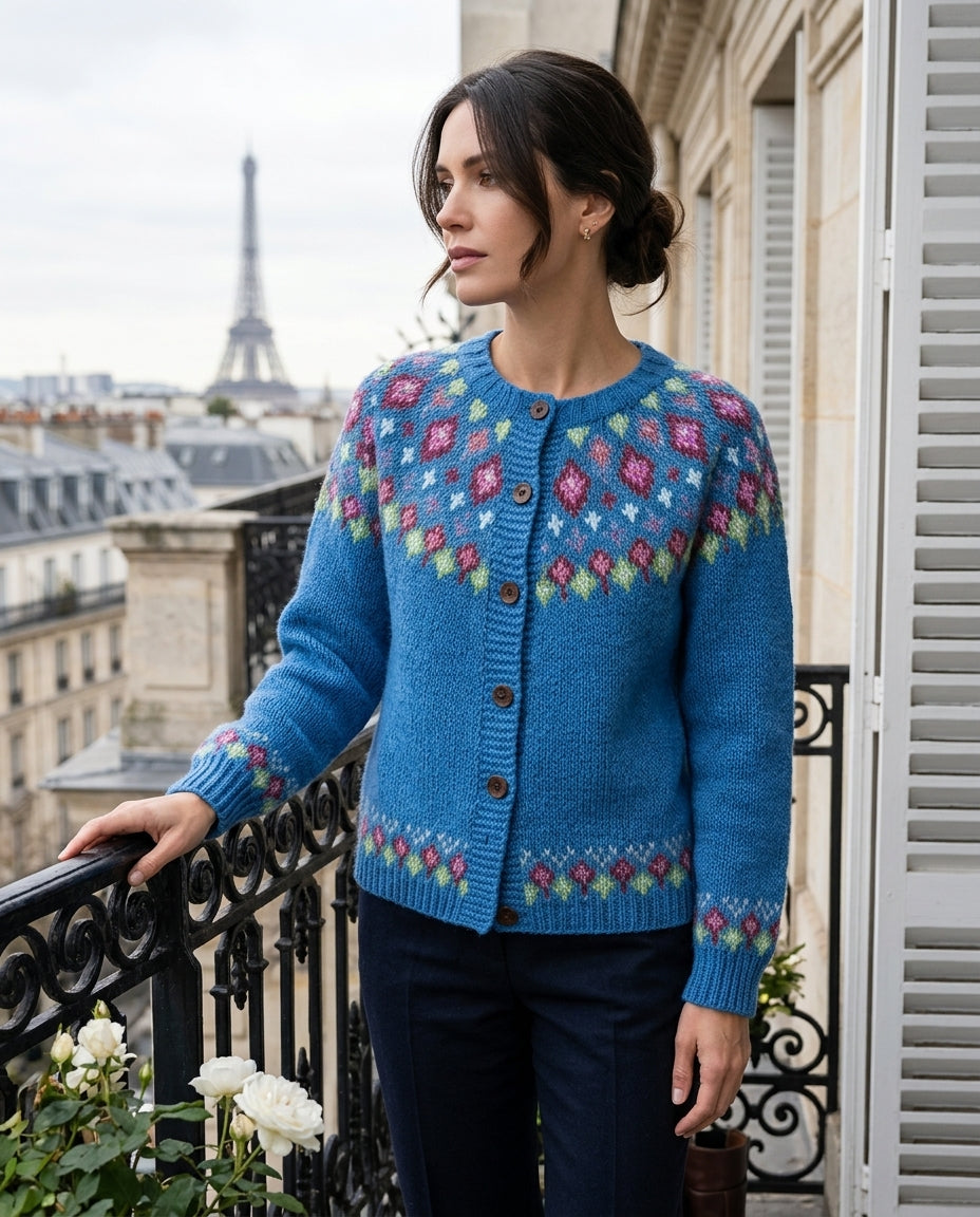 Women's Fair Isle Yoke Cardigan – Raglan Sleeve Button-Front Knit Sweater
