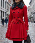 Women's Belted Peplum Coat with Plush Faux Fur Collar – Fitted Double-Breasted Coat