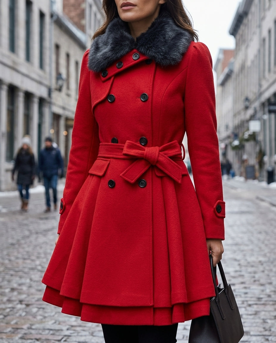 Women's Belted Peplum Coat with Plush Faux Fur Collar – Fitted Double-Breasted Coat