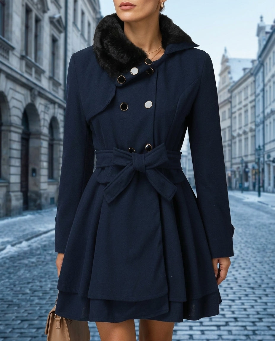 Women's Belted Peplum Coat with Plush Faux Fur Collar – Fitted Double-Breasted Coat