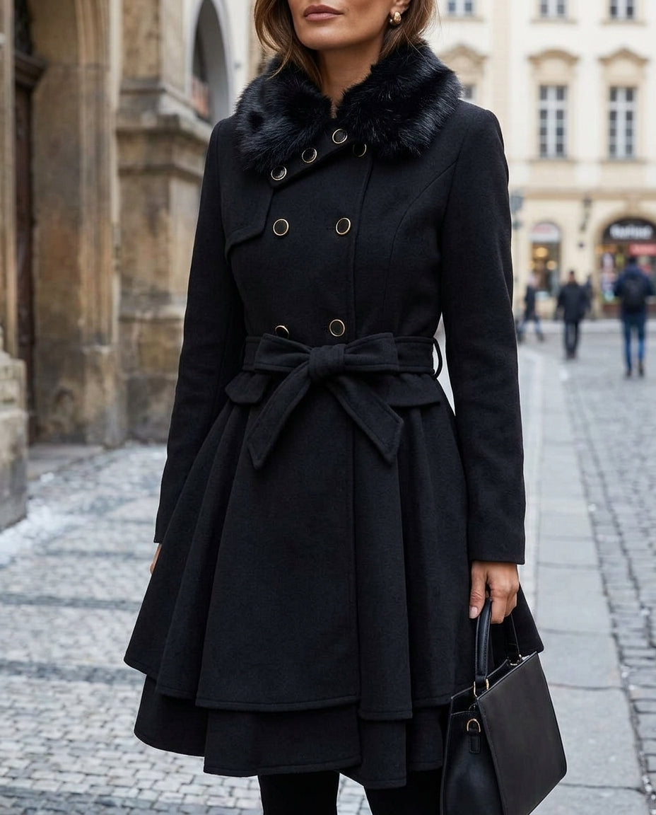 Women's Belted Peplum Coat with Plush Faux Fur Collar – Fitted Double-Breasted Coat