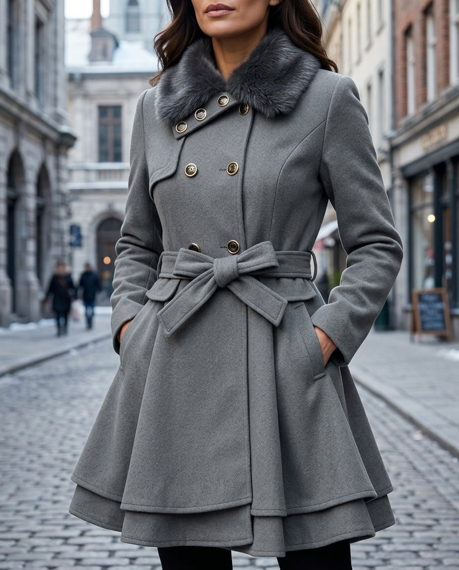 Women's Belted Peplum Coat with Plush Faux Fur Collar – Fitted Double-Breasted Coat