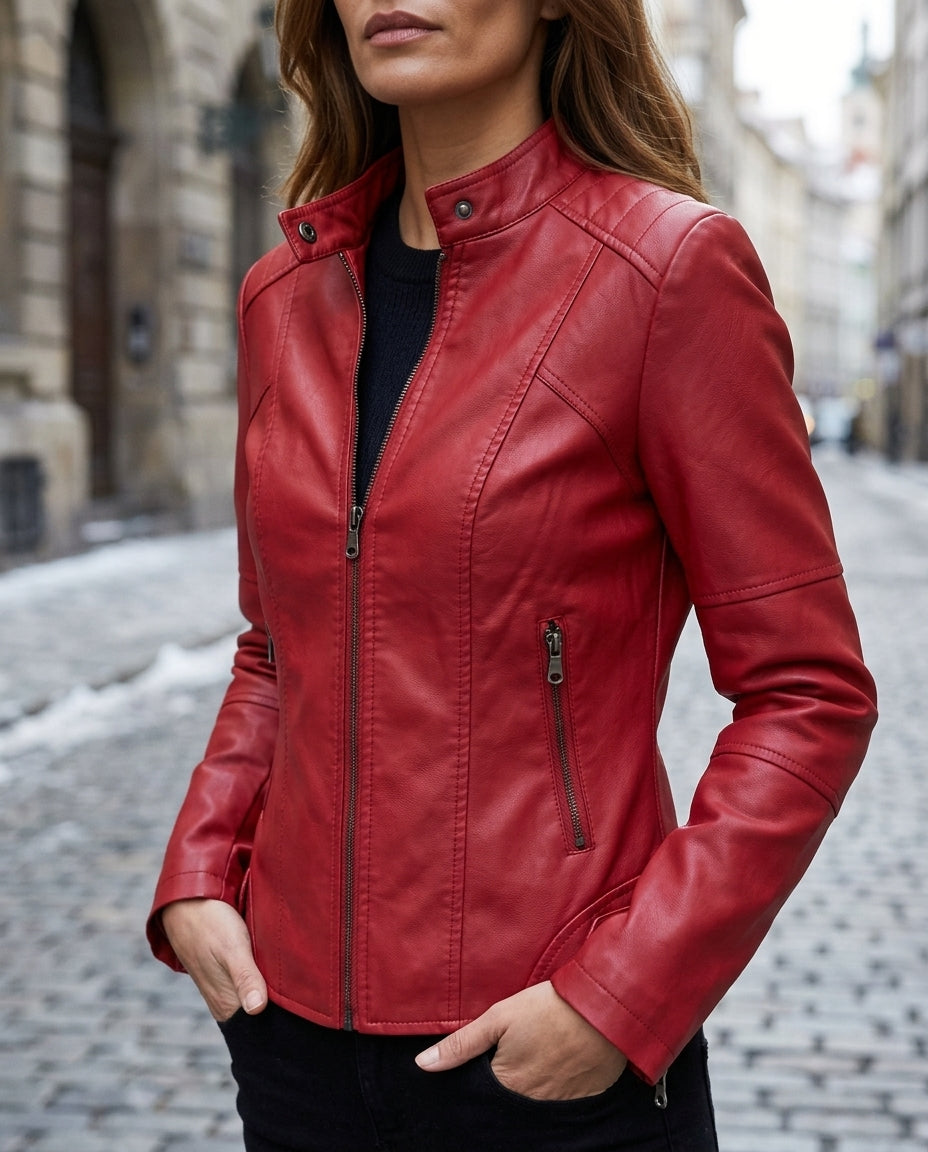 Women's Cropped Leather-Look Moto Jacket – Snap Collar Paneled Zip Jacket